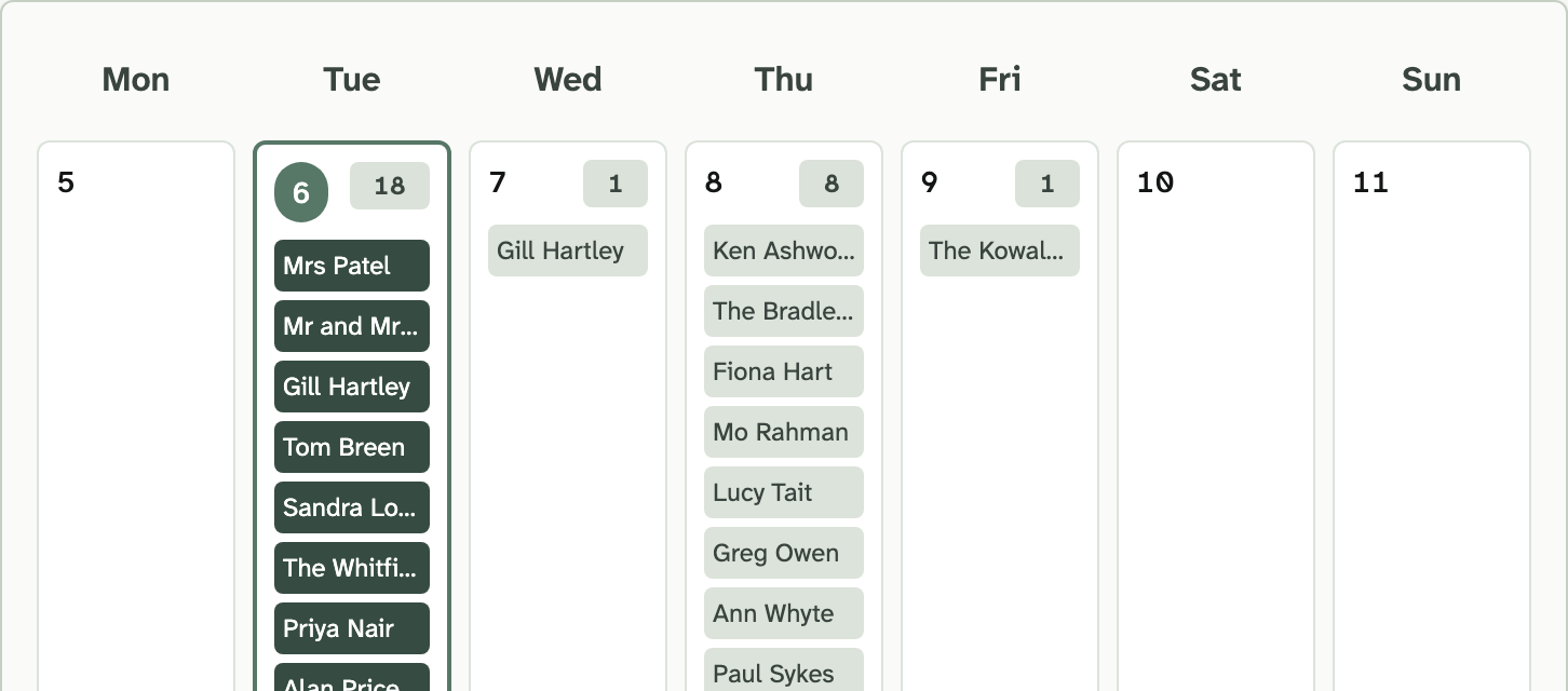 A week's work on a calendar: Tuesday's 18 visits, Thursday's 8 and two one-off jobs, each labelled with the customer.