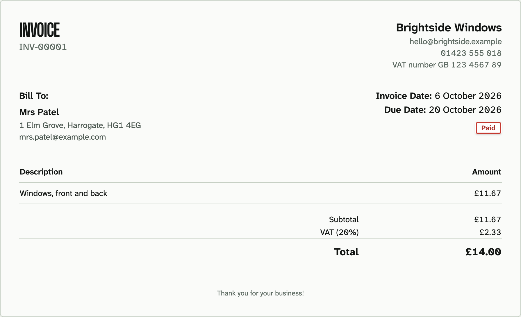 An invoice from Brightside Windows to Mrs Patel for windows front and back, £14 with VAT shown, marked paid.