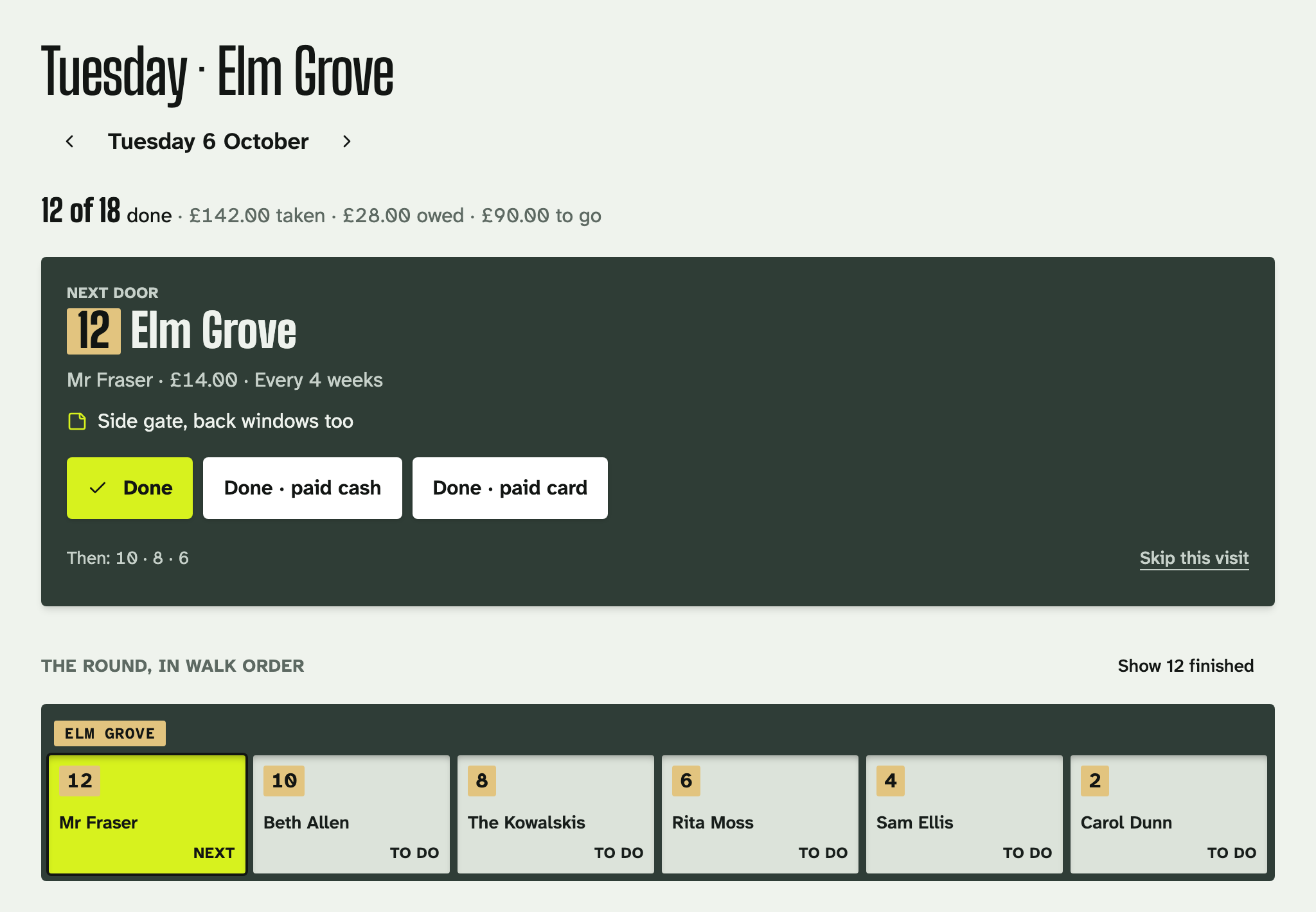 Today's round on Elm Grove in walk order: 12 of 18 doors done, with the next door, 12 Elm Grove, ready to tick off.
